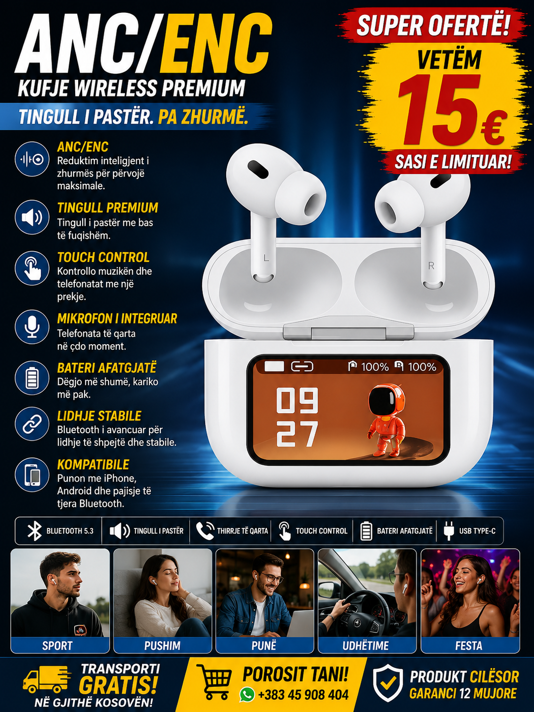 🎧✨ Kufje Wireless ANC/ENC – Tingull Premium me Ekran Inteligjent!