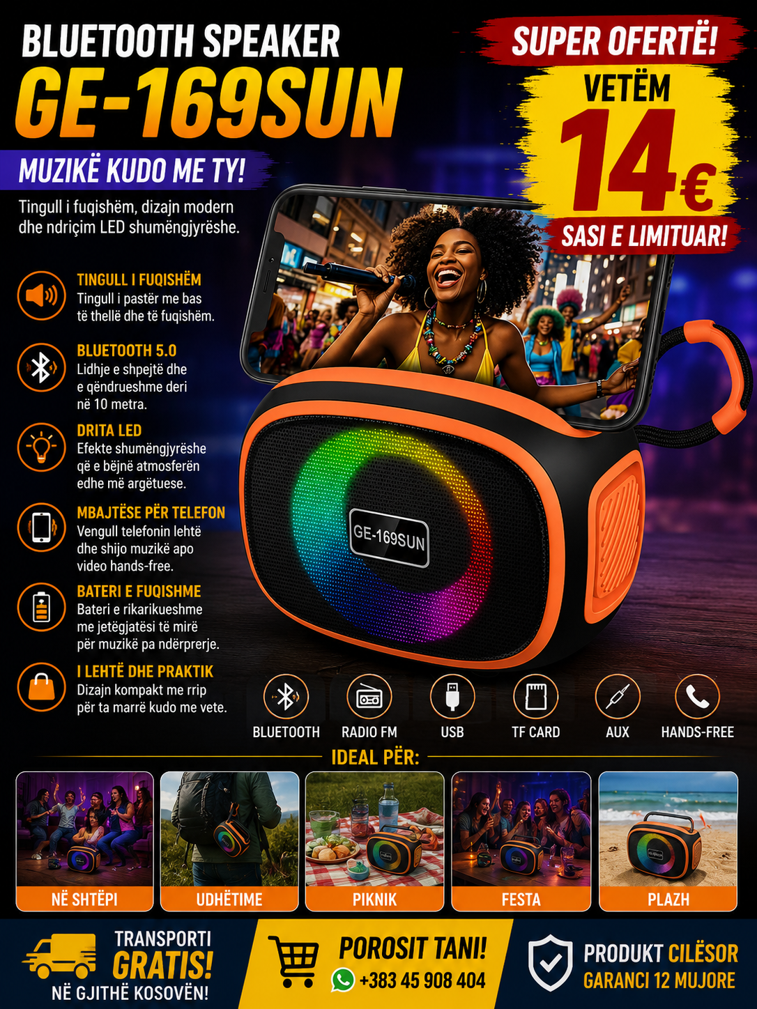 🔊🎶 Bluetooth Speaker GE-169SUN – Muzikë Kudo me Ty!
