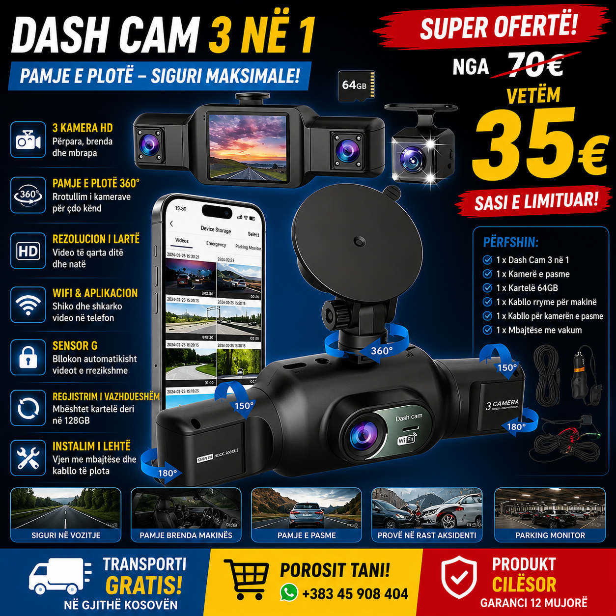 📹🚗 Dash Cam 3 në 1 – Siguri Maksimale në Çdo Udhëtim!