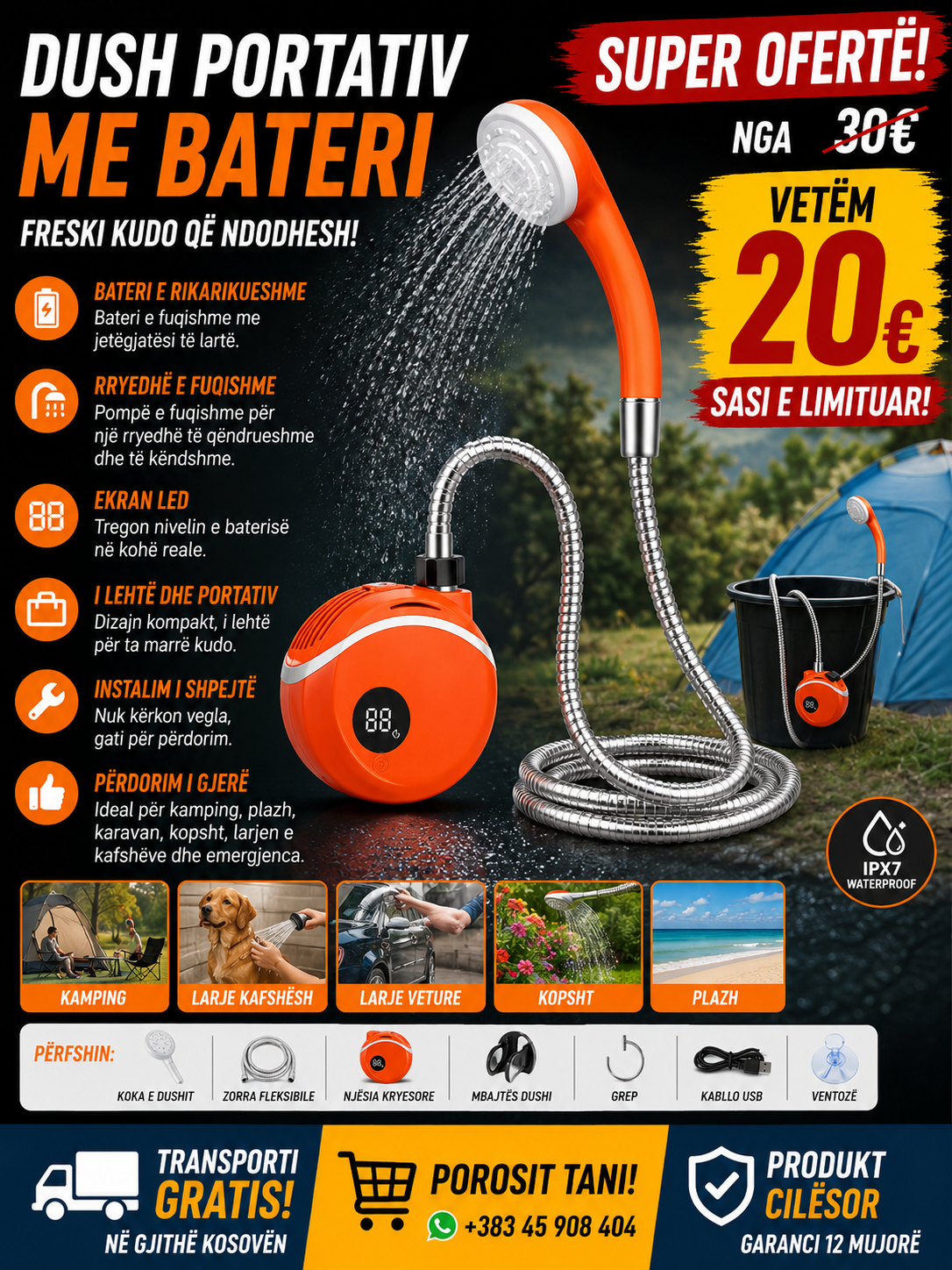 🚿🏕️ Dush Portativ me Bateri – Freski Kudo që Ndodhesh!