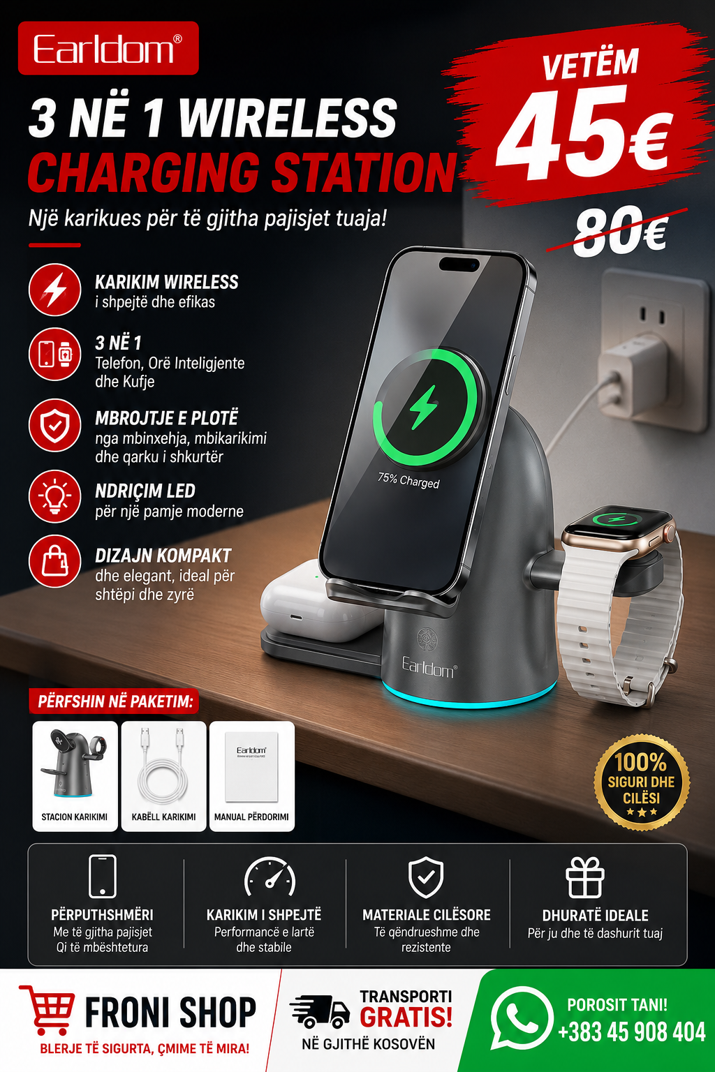⚡📱 Earldom 3 në 1 Wireless Charging Station – Një karikues për të gjitha pajisjet!