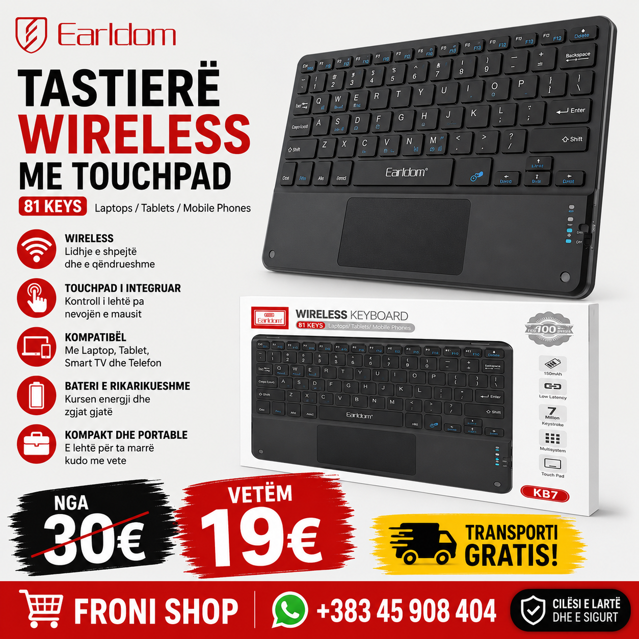 ⌨️💻 Tastierë Wireless Earldom me Touchpad – Komoditet maksimal në çdo vend!