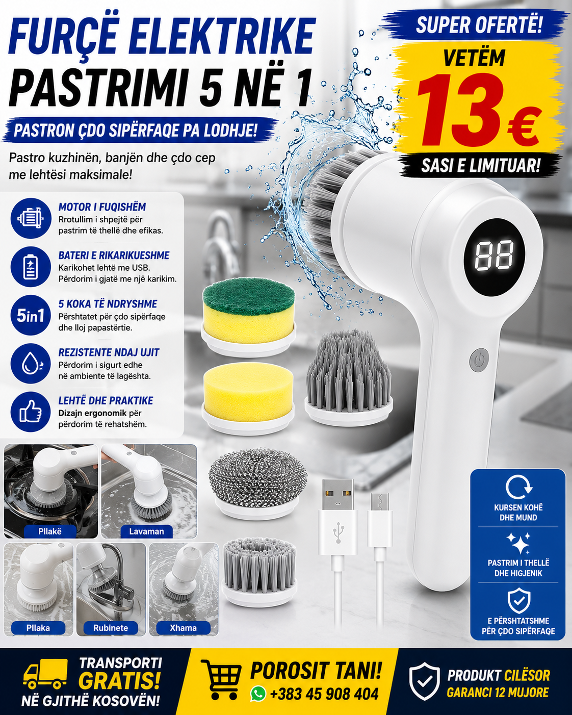 🧼✨ Furçë Elektrike Pastrimi 5 në 1 – Pastrim i Lehtë dhe Efektiv!
