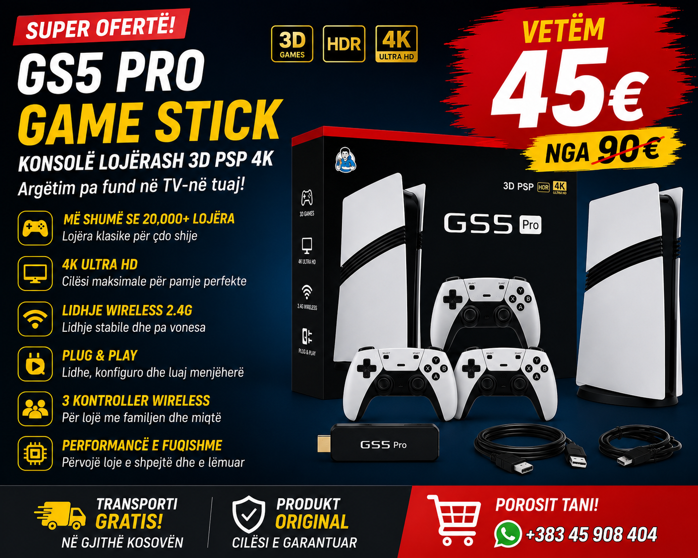 🎮🔥 GS5 Pro Game Stick – Konsolë Lojërash 4K për gjithë familjen!