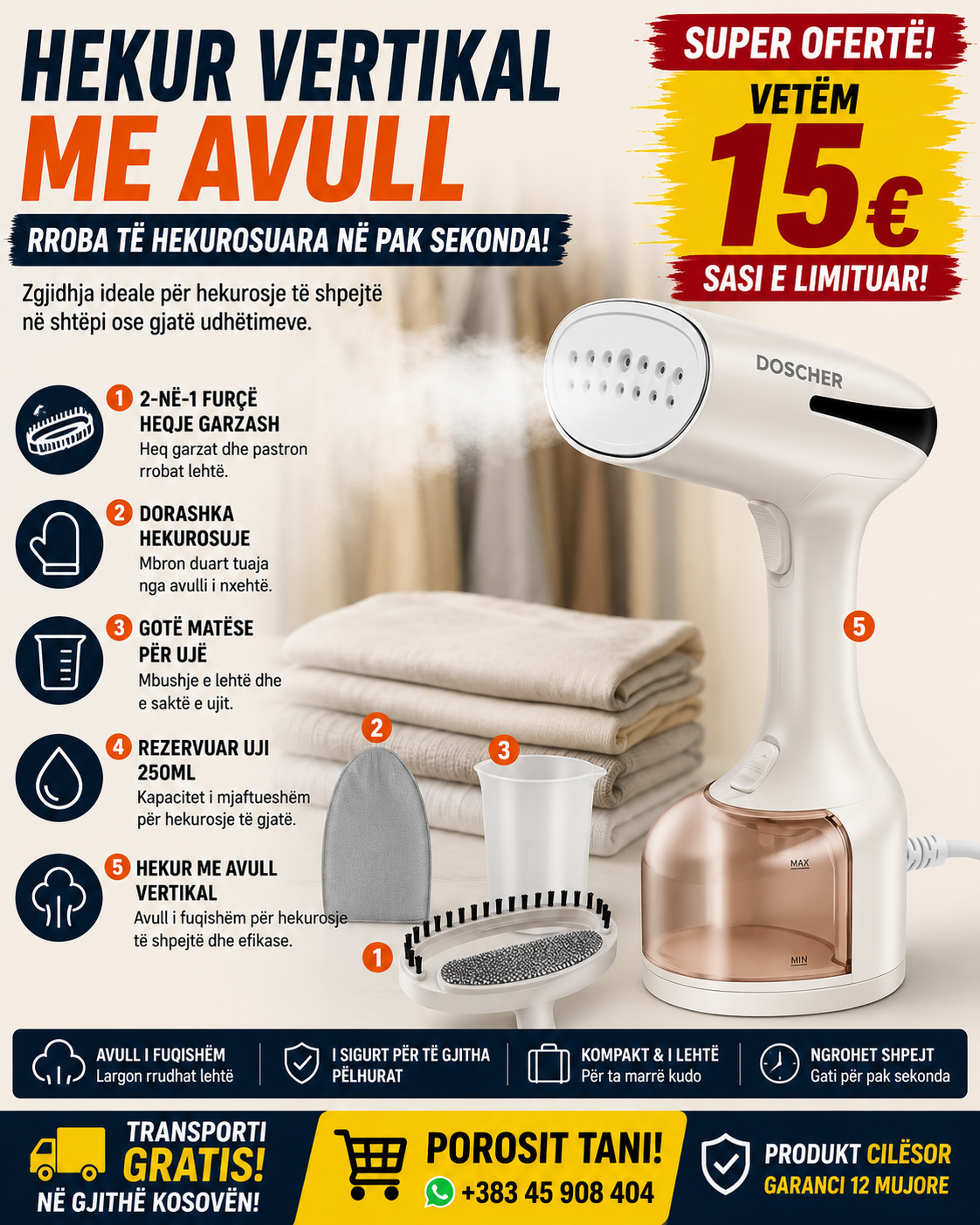👕✨ Hekur Vertikal me Avull – Rroba të Hekurosura në Pak Sekonda!