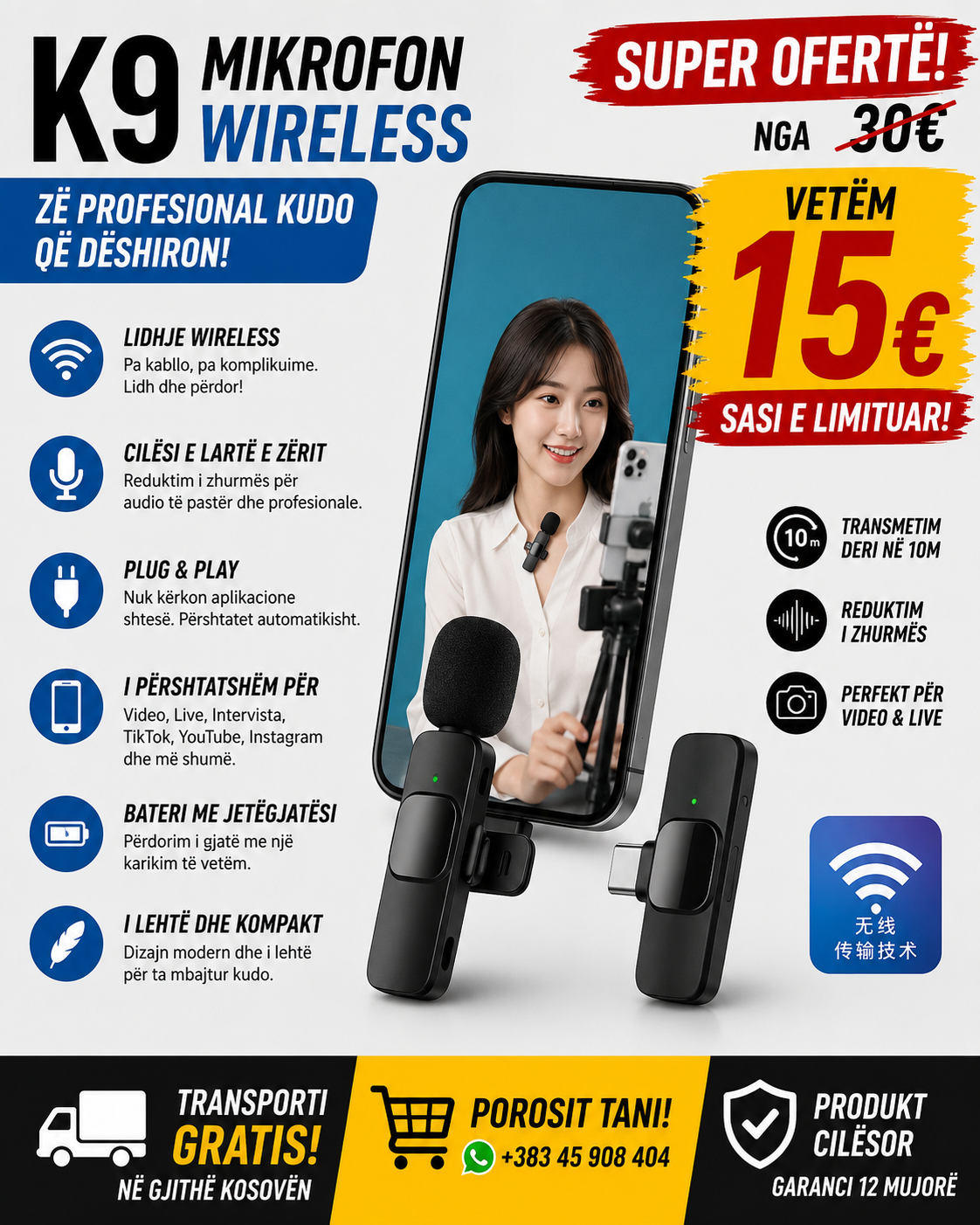 🎤🔥 Mikrofon Wireless K9 – Zë Profesional për Video dhe Live!