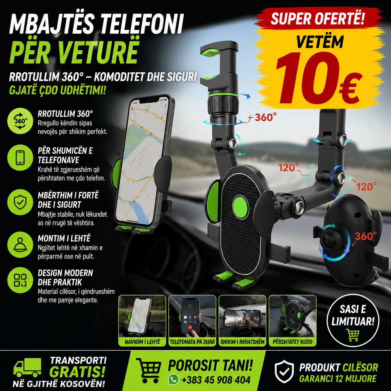 📱🚗 Mbajtëse Telefoni për Veturë – Rrotullim 360°!