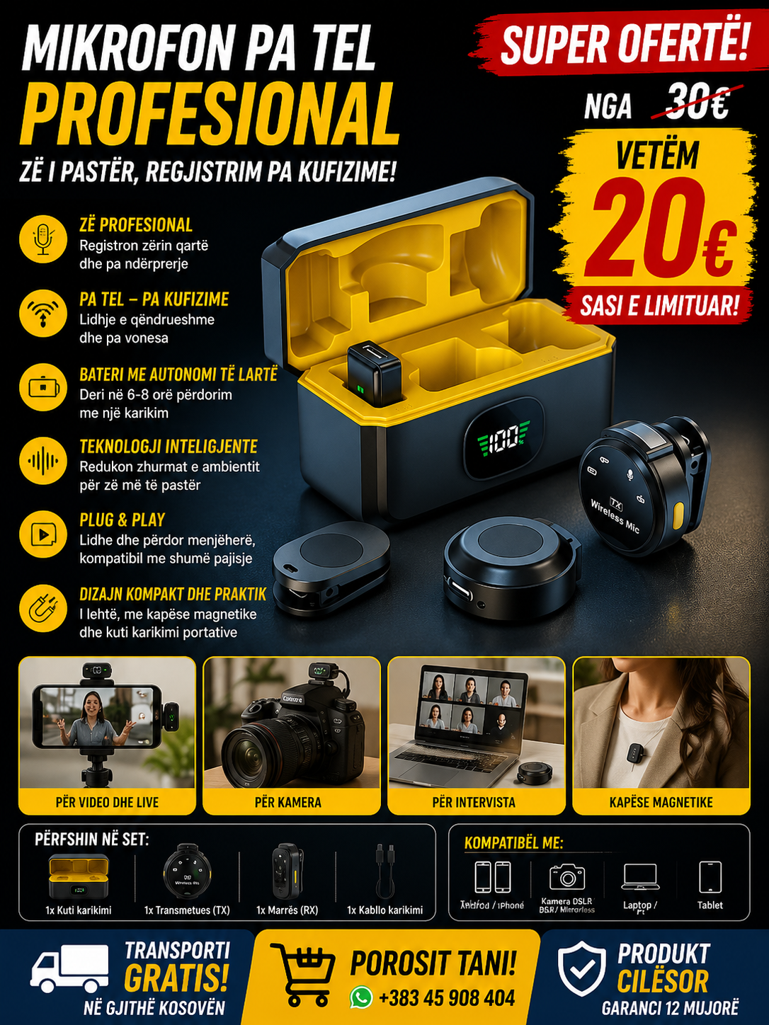 🎤🔥 Mikrofon Wireless Profesional – Zë i Pastër në Çdo Regjistrim!