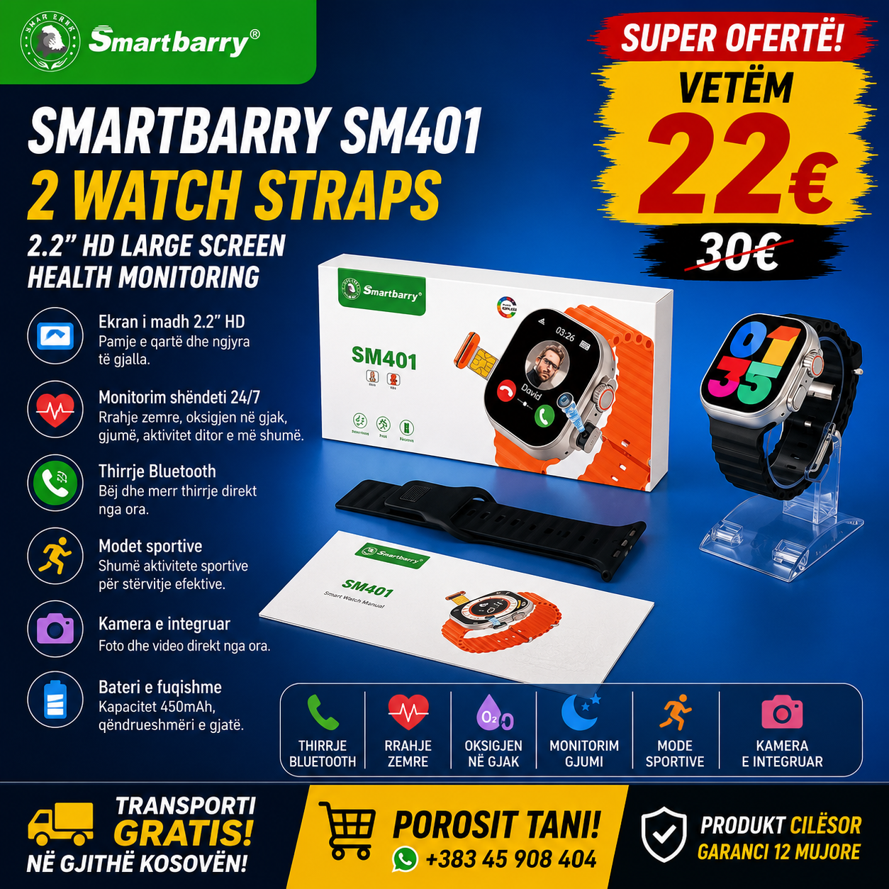 ⌚🔥 Smartbarry SM401 – Smartwatch Inteligjent me 2 Rripa!