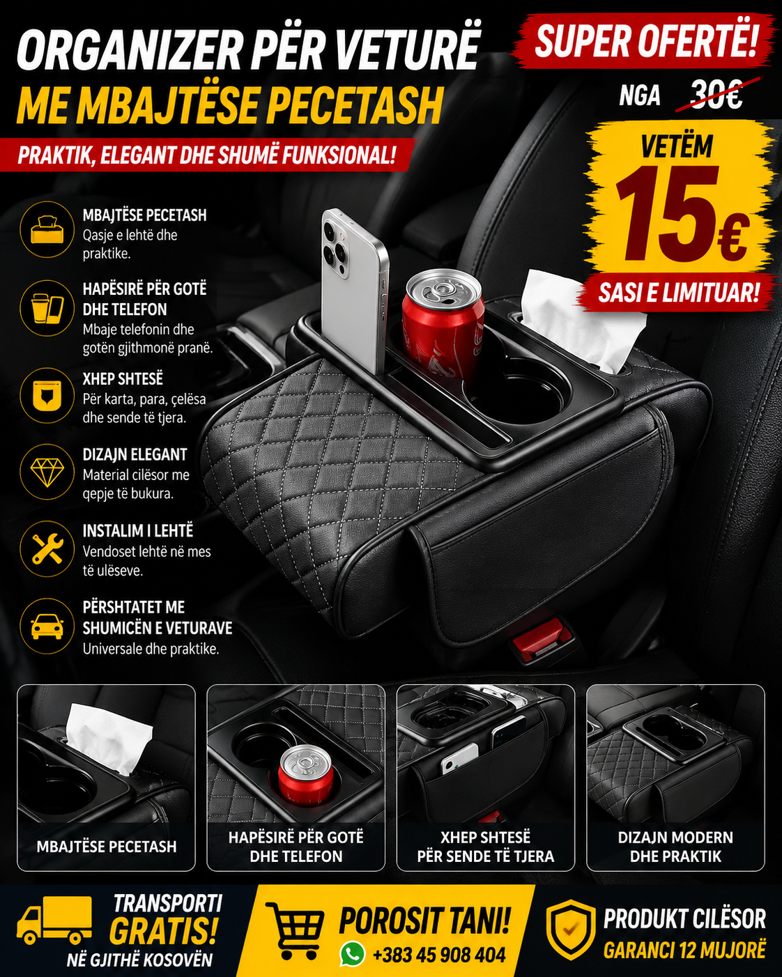 🚗🧻 Organizer për Veturë me Mbajtëse Pecetash – Praktik dhe Elegant!