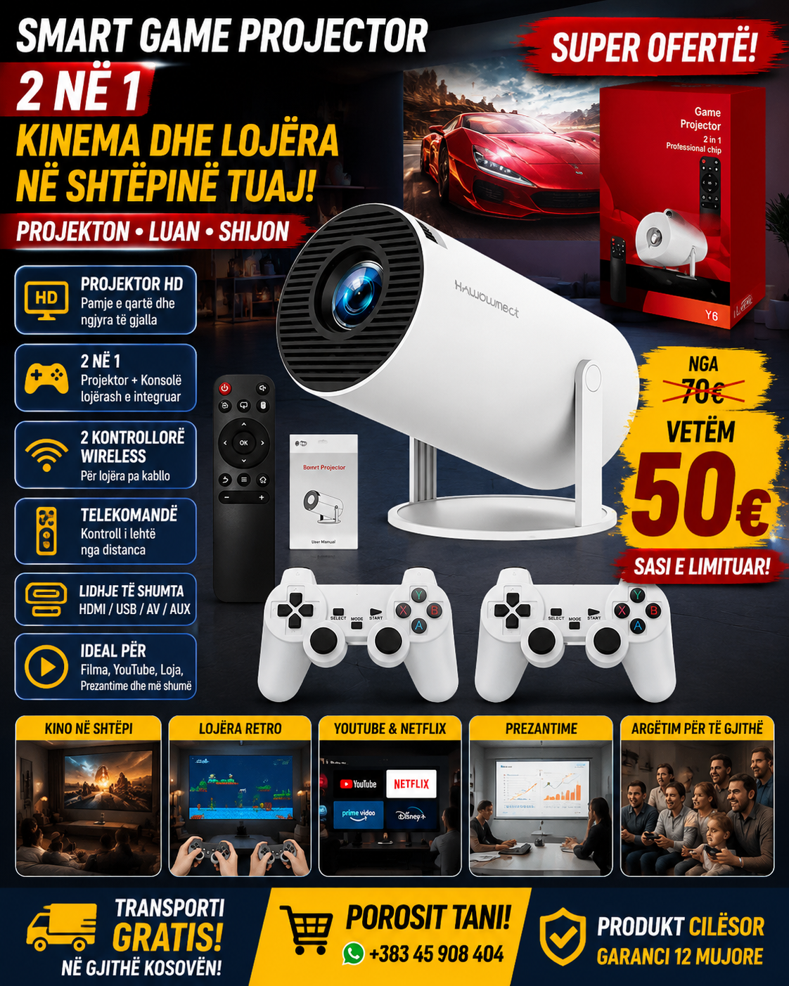 🎮📽️ Smart Game Projector 2 në 1 – Kinema & Lojëra në Shtëpinë Tuaj!