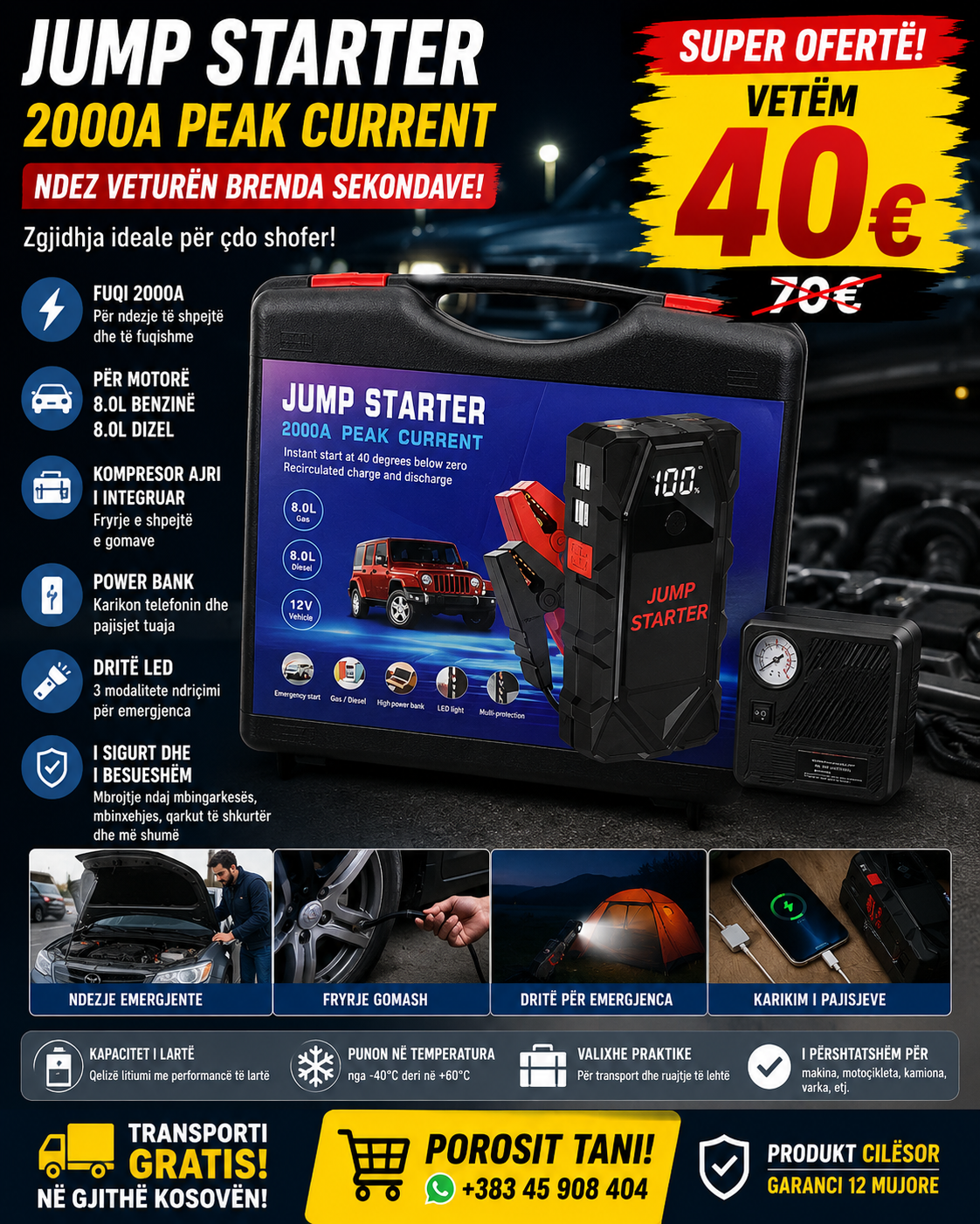 🚗⚡ Jump Starter 2000A – Mos Mbet Kurrë në Rrugë!