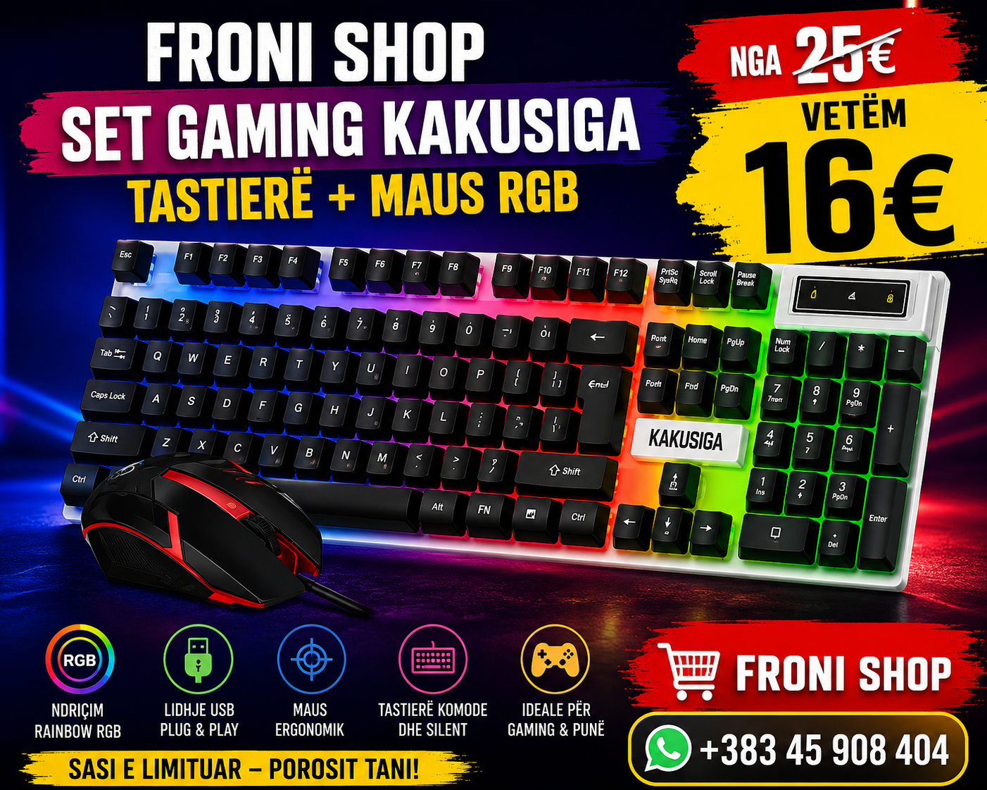 🖥️⌨️ SET Gaming KAKUSIGA – Tastierë + Maus RGB 🎮