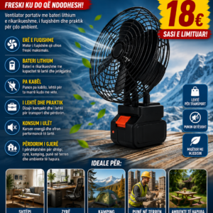 🌀❄️ Ventilator Portativ me Bateri Lithium – Freski Kudo që Ndodhesh!