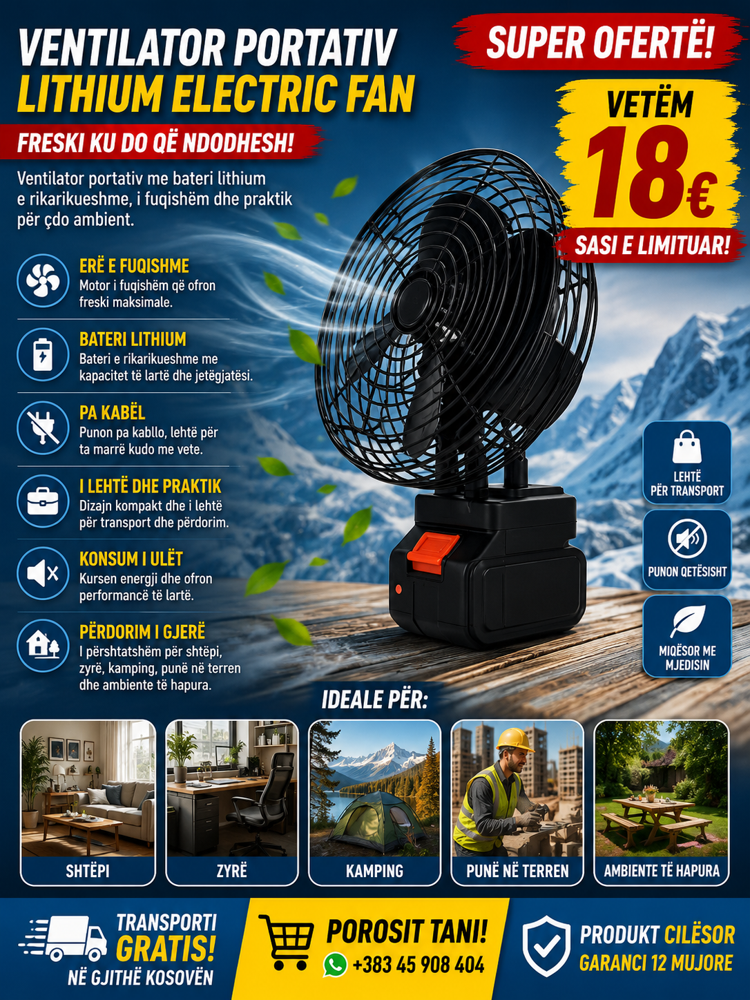 🌀❄️ Ventilator Portativ me Bateri Lithium – Freski Kudo që Ndodhesh!