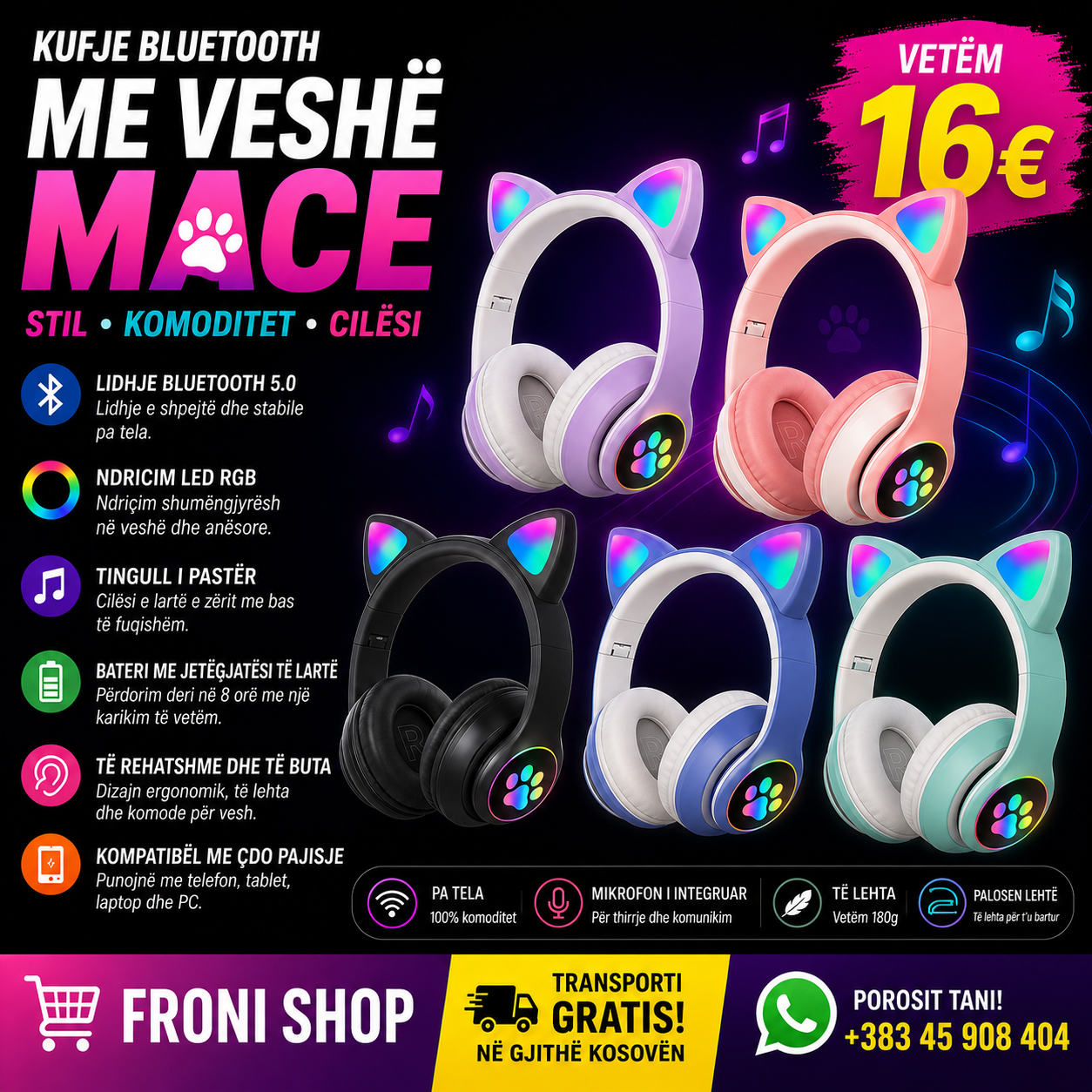 🎧🐱 Kufje Bluetooth me Veshë Mace – Stil, Muzikë dhe Argëtim! ✨