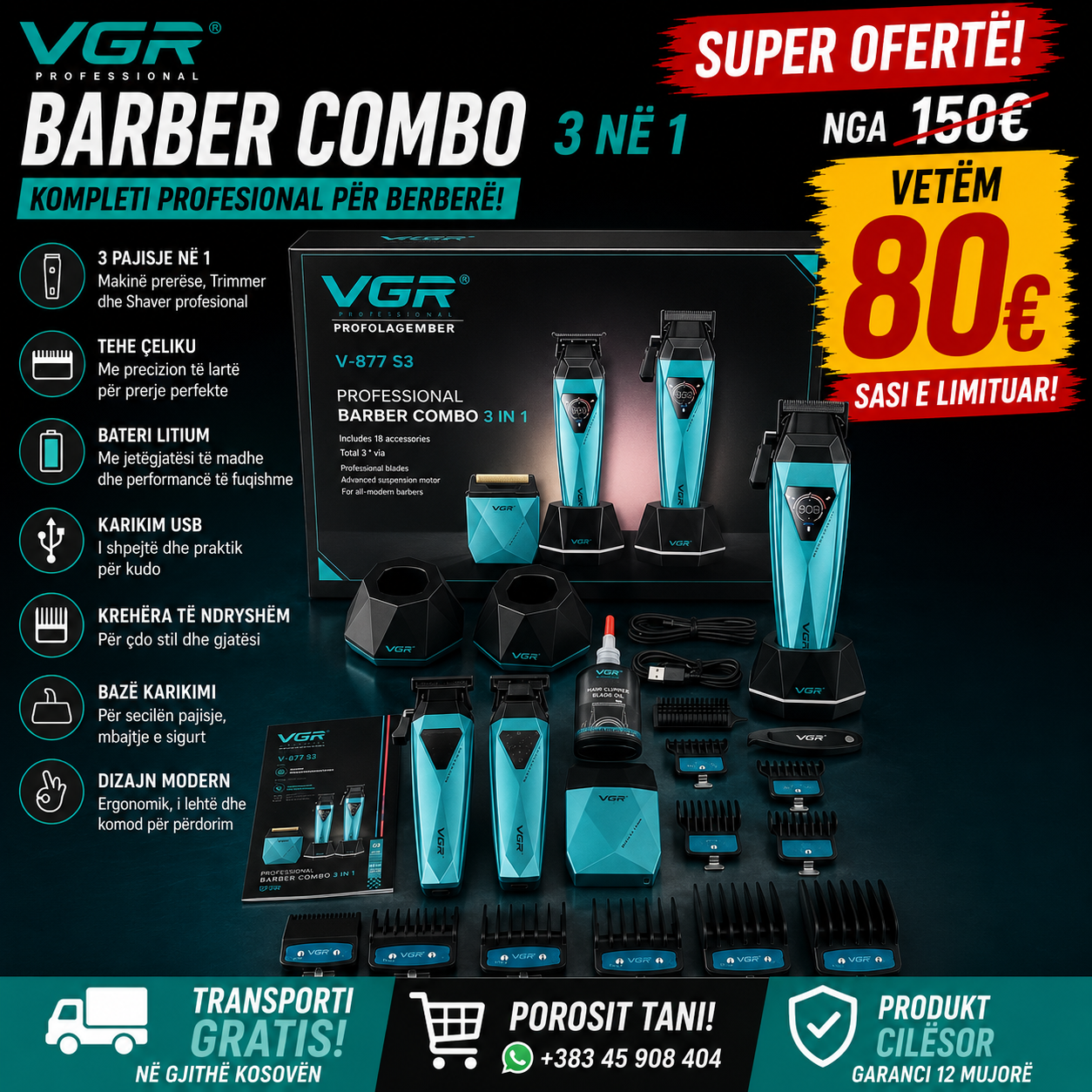 🪒💈 VGR Professional Barber Combo 3 në 1 – Kompleti Profesional për Berberë!