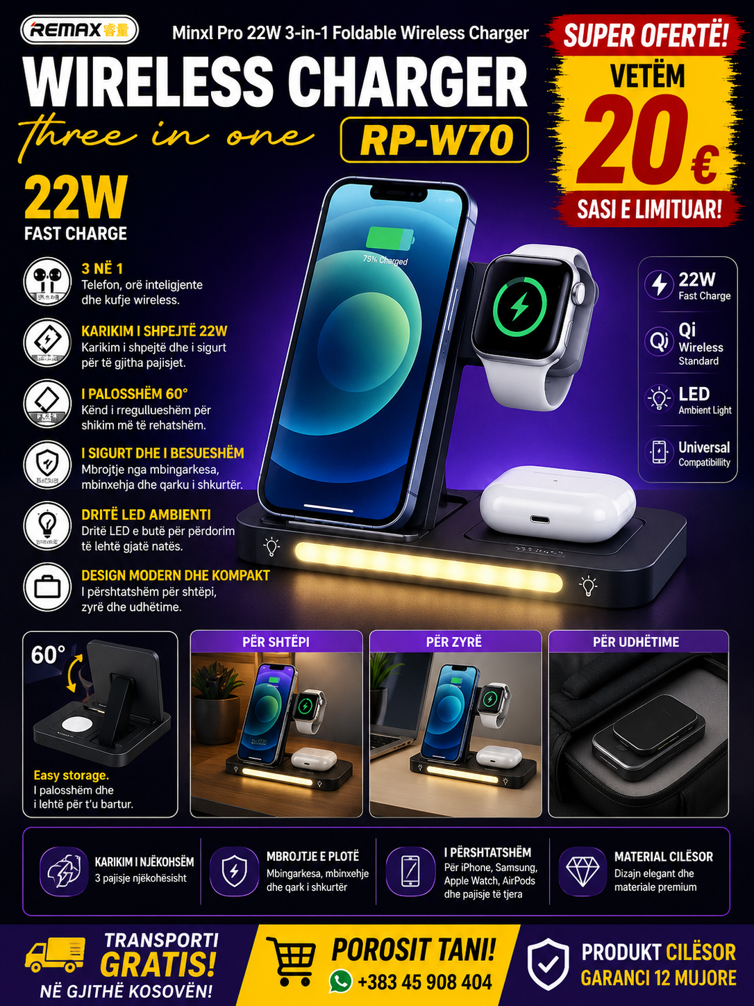 🔋⚡ REMAX RW70 – Karikues Wireless 3 në 1 (22W Fast Charge)!